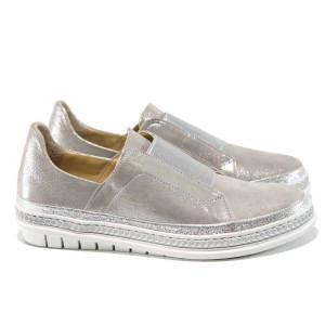 Сребристи анатомични дамски обувки с равна подметка, естествена кожа - ежедневни обувки за пролетта и лятото N 100012134