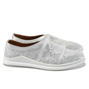 Сребристи анатомични дамски обувки с равна подметка, естествена кожа - всекидневни обувки за пролетта и лятото N 100012159