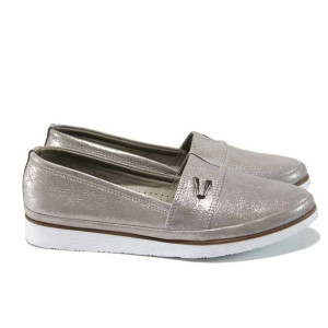 Сребристи анатомични дамски обувки с равна подметка, естествена кожа - всекидневни обувки за пролетта и лятото N 100012158