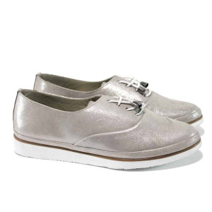 Сребристи анатомични дамски обувки с равна подметка, естествена кожа - всекидневни обувки за пролетта и лятото N 100012285