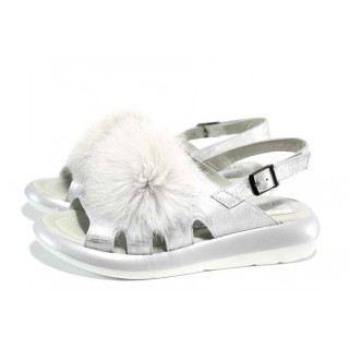 Сребристи дамски сандали, естествена кожа - всекидневни обувки за пролетта и лятото N 100012692