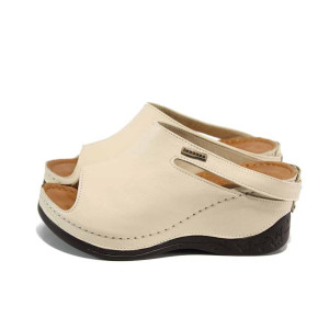 Анатомични светлобежови дамски чехли, естествена кожа - всекидневни обувки за лятото N 10008873