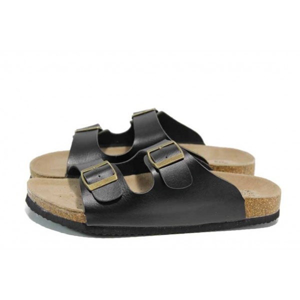 Черни анатомични дамски чехли, здрава еко-кожа - ежедневни обувки за пролетта и лятото N 100012750