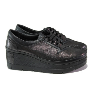 Анатомични черни дамски обувки с платформа, естествена кожа - ежедневни обувки за есента и зимата N 100013074
