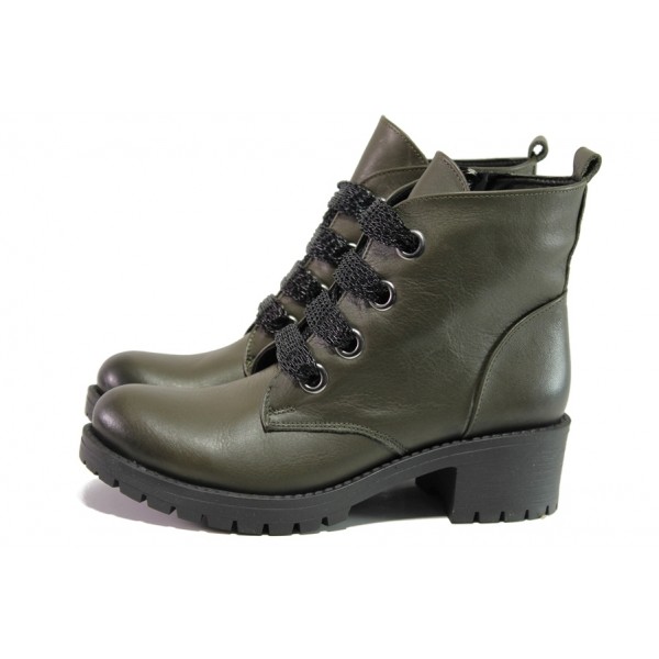Анатомични зелени дамски боти, естествена кожа - ежедневни обувки за есента и зимата N 100013253