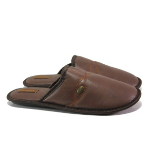 Анатомични кафяви домашни чехли, здрава еко-кожа - равни обувки за целогодишно ползване N 100013169