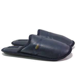 Анатомични сини домашни чехли, здрава еко-кожа - равни обувки за целогодишно ползване N 100013170