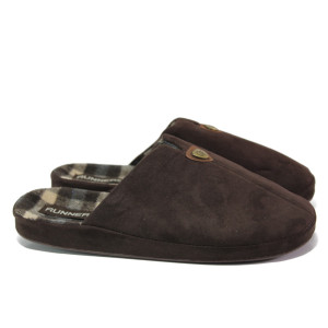 Анатомични кафяви домашни чехли, текстилна материя - равни обувки за целогодишно ползване N 100013163