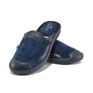 Анатомични тъмносини домашни чехли, еко-кожа и текстилна материя - ежедневни обувки за целогодишно ползване N 100013244