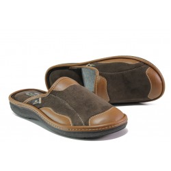 Анатомични кафяви домашни чехли, еко-кожа и текстилна материя - ежедневни обувки за целогодишно ползване N 100013242