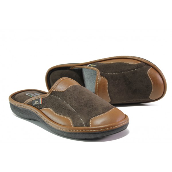 Анатомични кафяви домашни чехли, еко-кожа и текстилна материя - ежедневни обувки за целогодишно ползване N 100013242