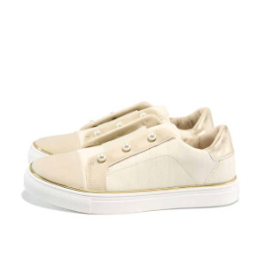 Бежови дамски обувки с равна подметка, здрава еко-кожа - спортни обувки за пролетта и лятото N 100012550