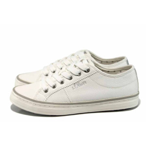 Бели дамски обувки с мемори пяна, с равна подметка, здрава еко-кожа - спортни кецове за пролетта и лятото N 100012250