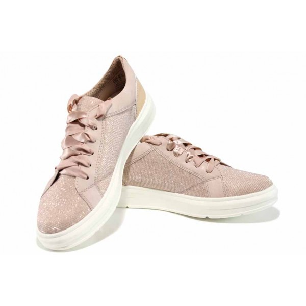 Розови дамски обувки с мемори пяна, с равна подметка, еко-кожа и текстилна материя - спортни обувки за пролетта и лятото N 100012229