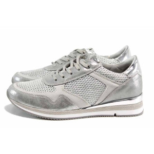 Сребристи дамски обувки с мемори пяна, с равна подметка, еко-кожа и текстилна материя - спортни обувки за пролетта и лятото N 100012253