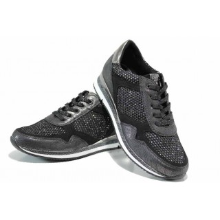 Черни дамски обувки с мемори пяна, с равна подметка, еко-кожа и текстилна материя - спортни обувки за пролетта и лятото N 100012254