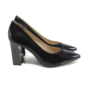 Черни дамски обувки с висок ток, естествена кожа - официални обувки за целогодишно ползване N 100012337