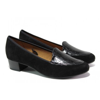 Черни дамски обувки със среден ток, естествен велур с лачена кожа - всекидневни обувки за есента и зимата N 100012931