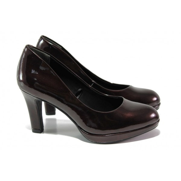 Винени дамски обувки с висок ток, лачена еко кожа - официални обувки за есента и зимата N 100012936