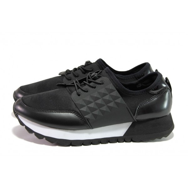 Черни дамски маратонки, еко-кожа и текстилна материя - спортни обувки за есента и зимата N 100012949