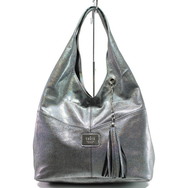 Сребриста дамска чанта, естествена кожа - удобство и стил за вашето ежедневие N 100014552