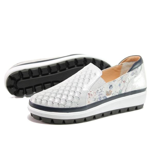 Сребристи дамски обувки с равна подметка, естествена кожа - всекидневни обувки за пролетта и лятото N 100013542