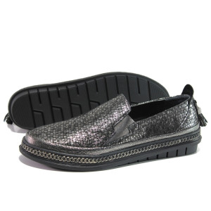 Анатомични Сребристи дамски обувки с равна подметка, естествена кожа - спортни обувки за пролетта и лятото N 100013541