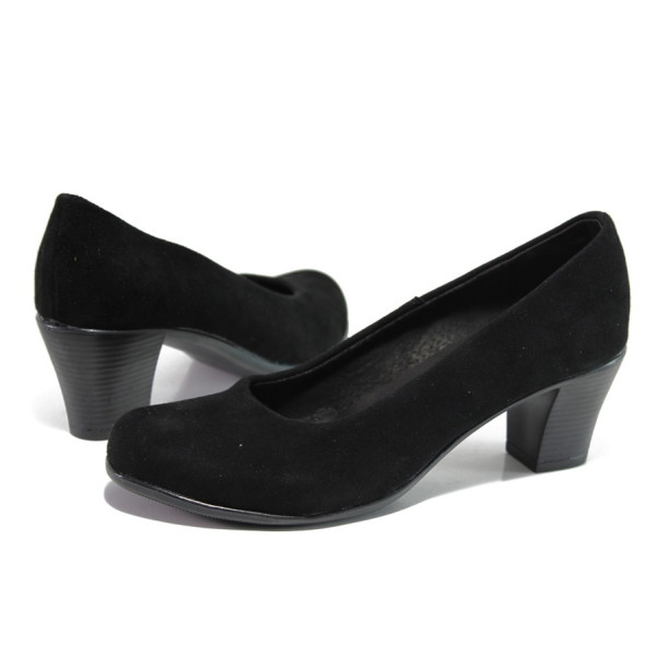 Анатомични черни дамски обувки със среден ток, естествен набук - всекидневни обувки за пролетта и лятото N 100013643