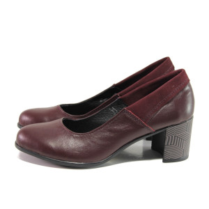 Анатомични винени дамски обувки със среден ток, естествена кожа - всекидневни обувки за пролетта и лятото N 100013781