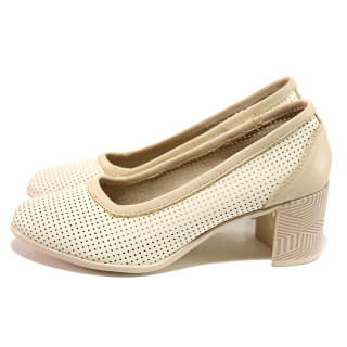 Анатомични бежови дамски обувки със среден ток, естествена кожа - ежедневни обувки за пролетта и лятото N 100013947