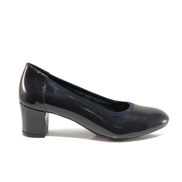 Тъмносини дамски обувки със среден ток, лачена естествена кожа - всекидневни обувки за есента и зимата N 100014309