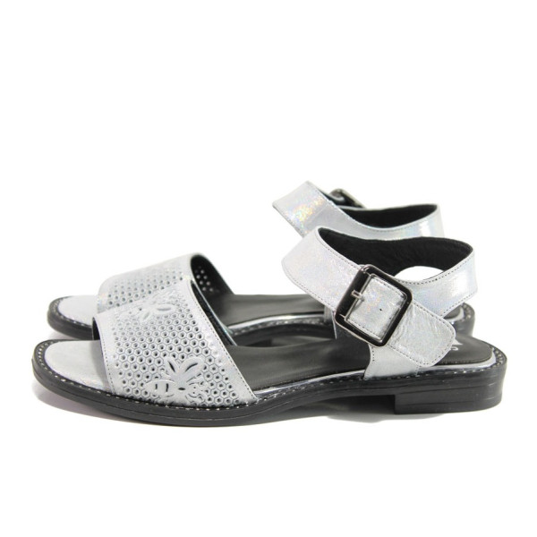 Сребристи дамски сандали, естествена кожа - ежедневни обувки за пролетта и лятото N 100014101