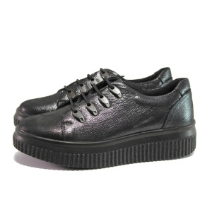 Черни дамски обувки с равна подметка, естествена кожа - спортни обувки за есента и зимата N 100014539