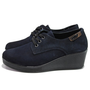 Тъмносини дамски обувки с платформа, естествен набук - всекидневни обувки за есента и зимата N 100014564