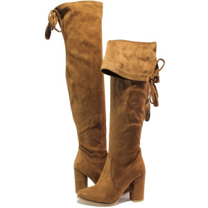 Бежови дамски ботуши, качествен еко-велур - ежедневни обувки за есента и зимата N 100014794