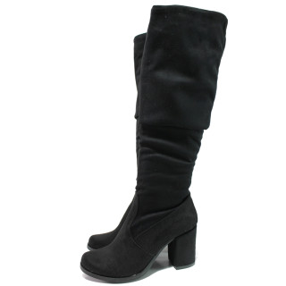 Черни дамски ботуши, качествен еко-велур - ежедневни обувки за есента и зимата N 100014793