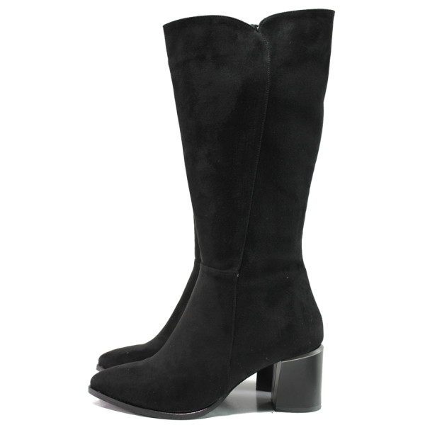 Черни дамски ботуши, качествен еко-велур - елегантни обувки за есента и зимата N 100014934