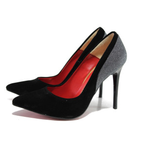 Черни дамски обувки с висок ток, качествен еко-велур - елегантни обувки за целогодишно ползване N 100015079