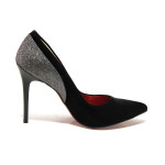 Черни дамски обувки с висок ток, качествен еко-велур - елегантни обувки за целогодишно ползване N 100015079