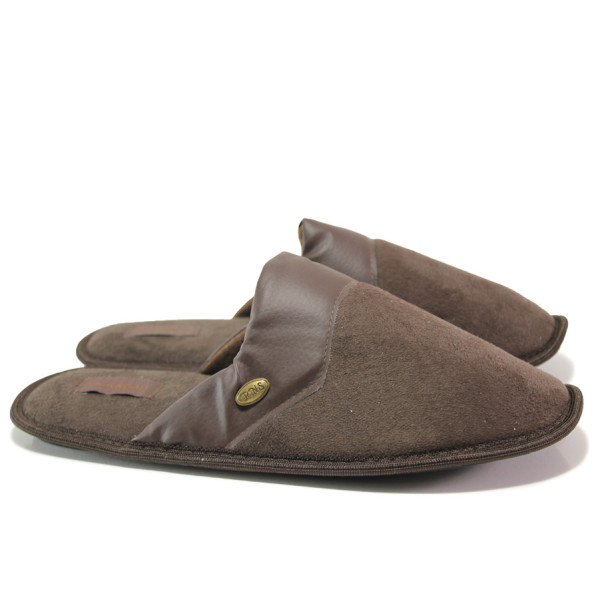 Кафяви домашни чехли, текстилна материя - равни обувки за целогодишно ползване N 100014561