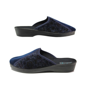 Тъмносини домашни чехли, текстилна материя - равни обувки за есента и зимата N 100014700