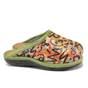 Зелени дамски пантофки, текстилна материя - равни обувки за целогодишно ползване N 100014730