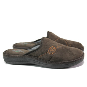 Кафяви мъжки чехли, текстилна материя - равни обувки за целогодишно ползване N 100014722