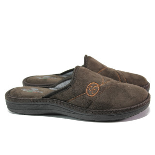 Кафяви мъжки чехли, текстилна материя - равни обувки за целогодишно ползване N 100014722