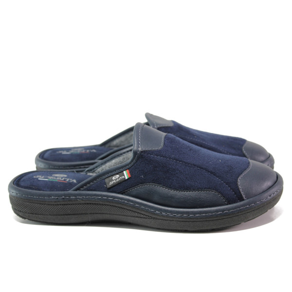 Тъмносини мъжки чехли, еко-кожа и текстилна материя - равни обувки за целогодишно ползване N 100014721