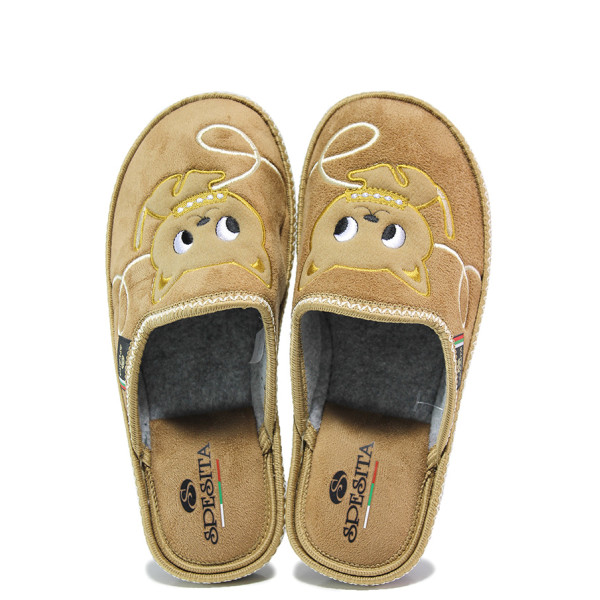 Бежови домашни чехли, текстилна материя - равни обувки за целогодишно ползване N 100014997