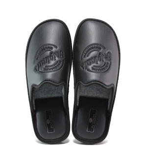 Черни домашни чехли, здрава еко-кожа - равни обувки за целогодишно ползване N 100014994