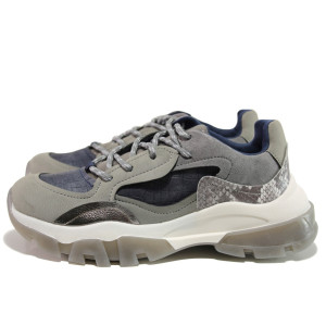 Сиви тинейджърски маратонки, еко-кожа и велурена кожа - спортни обувки за целогодишно ползване N 100014453