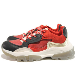 Червени тинейджърски маратонки, еко-кожа и велурена кожа - спортни обувки за целогодишно ползване N 100014454