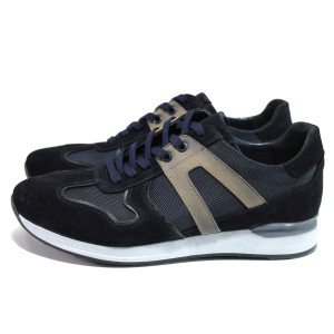 Тъмносини мъжки спортни обувки, естествена велурена кожа и еко-кожа - спортни обувки за пролетта и лятото N 100015075